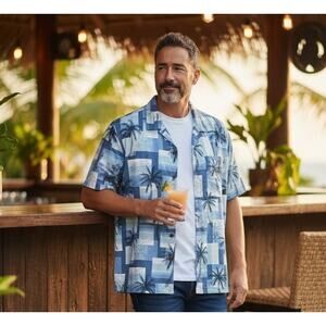 TOMMY BAHAMA 100% Silk Shirt SZ XL Palm Trees Cream Teal Travel Vacation Luxury